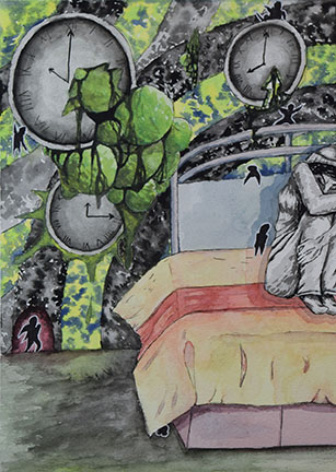 watercolor depressed person sitting in bedroom